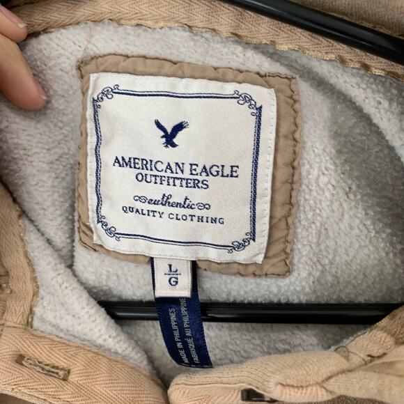 VTG Y2K American Eagle Womens Large Graphic Hoodie Pullover Tan Raw Edges Henley - Picture 3 of 15